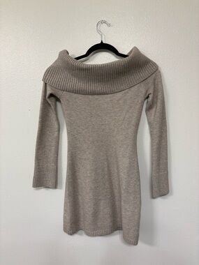 Hollister Taupe Off-the-Shoulder Ribbed Collar Sweater Dress